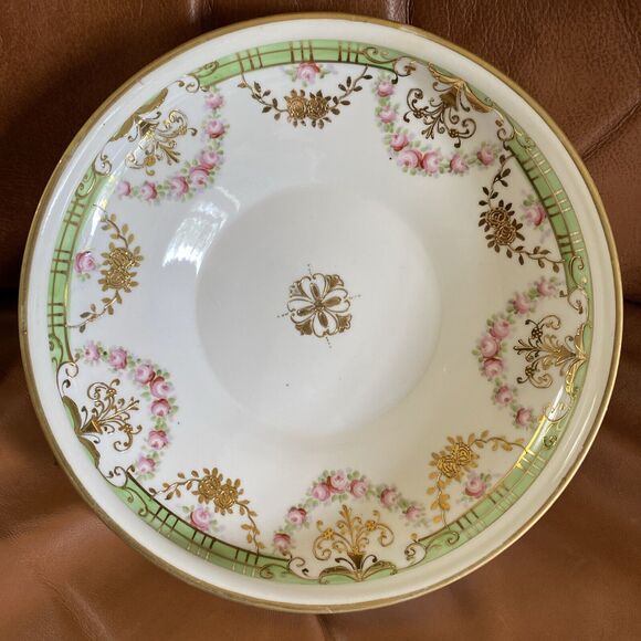 Hand Painted Nippon Serving Bowl Raised Gold Moriage Pink Roses  8.5” Shabby Chi - Picture 1 of 12
